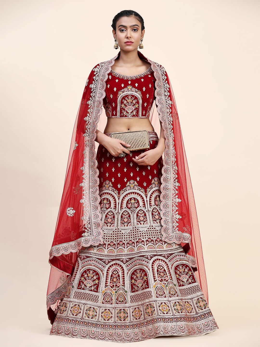 

Phenav Embroidered Thread Work Ready to Wear Lehenga With Blouse & Dupatta, Red