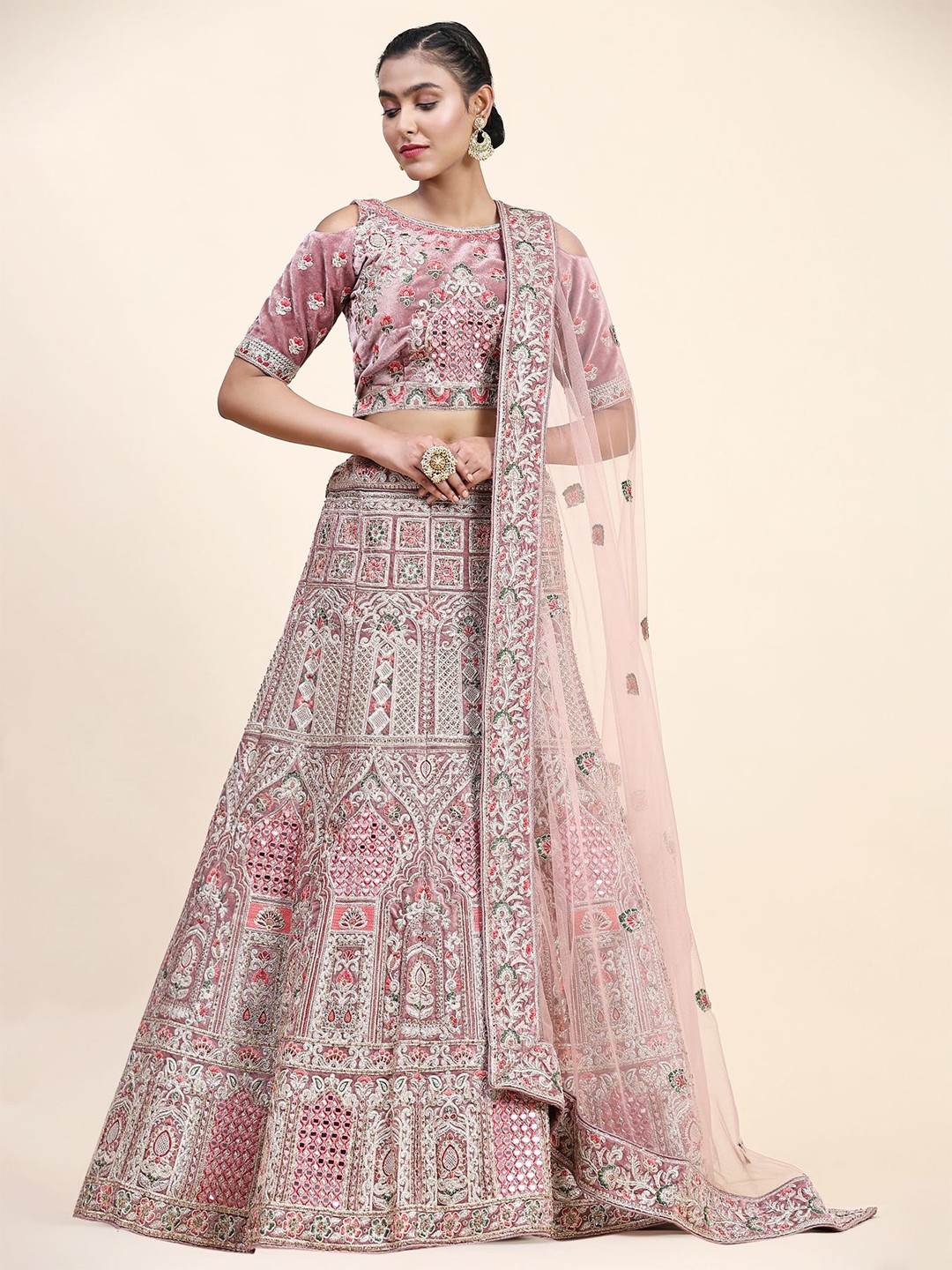 

Phenav Embroidered Mirror Work Ready to Wear Lehenga With Blouse & Dupatta, Pink