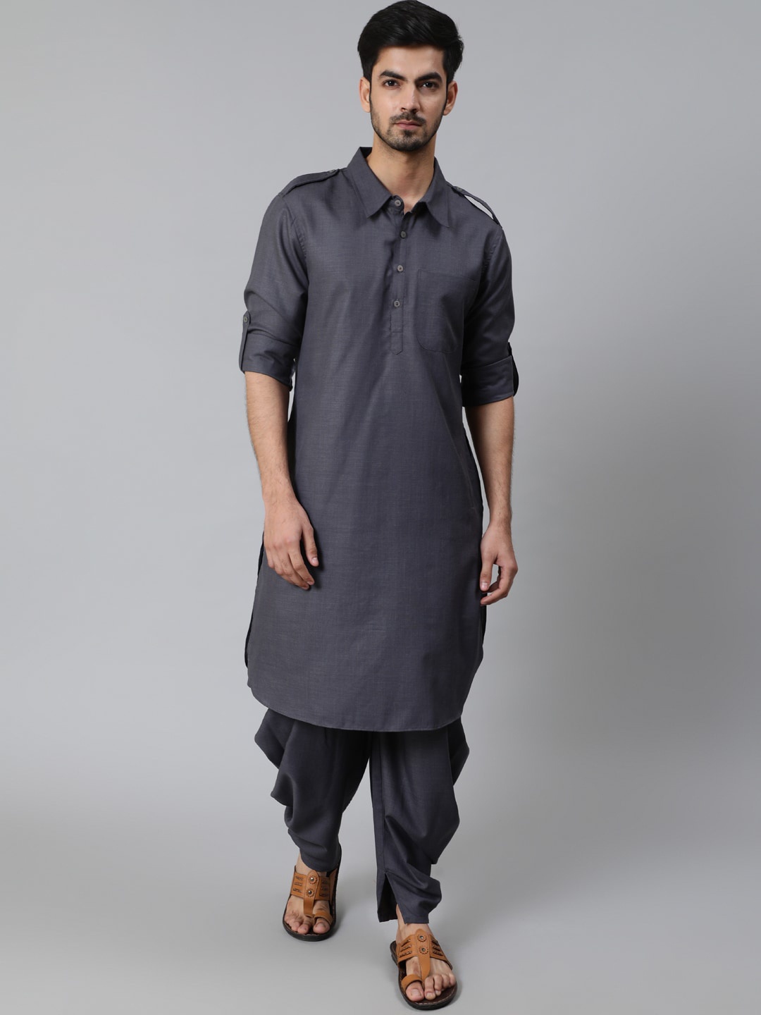 

AKS Mandarin Collar Kurta with Dhoti Pants, Grey