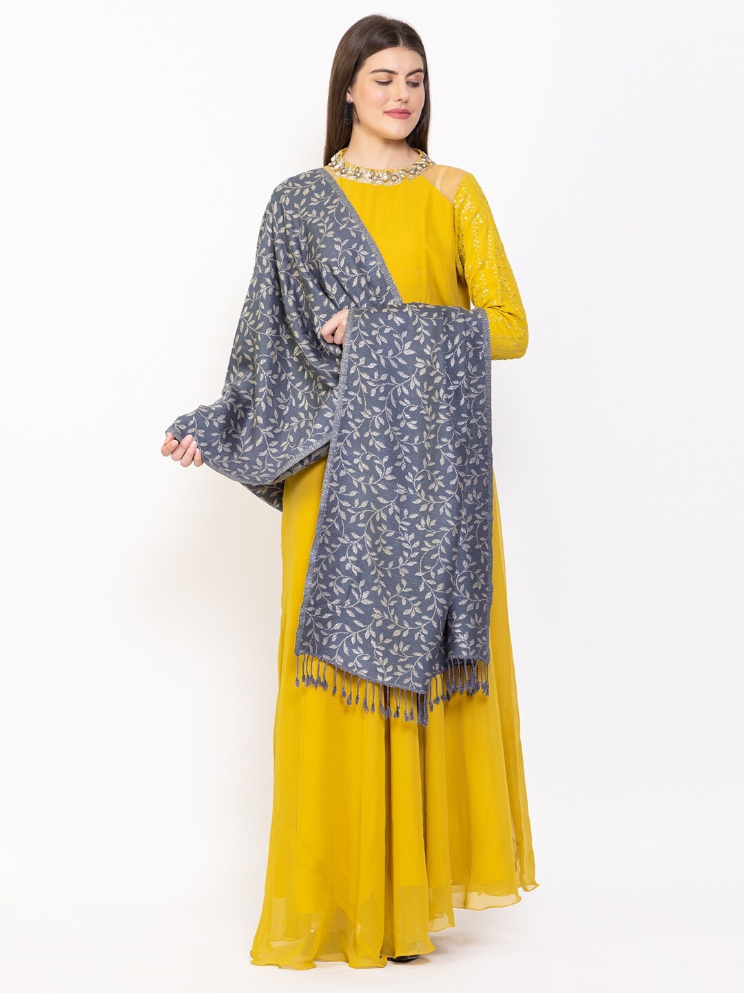 

VH Floral Woven Design Woolen Shawl, Grey