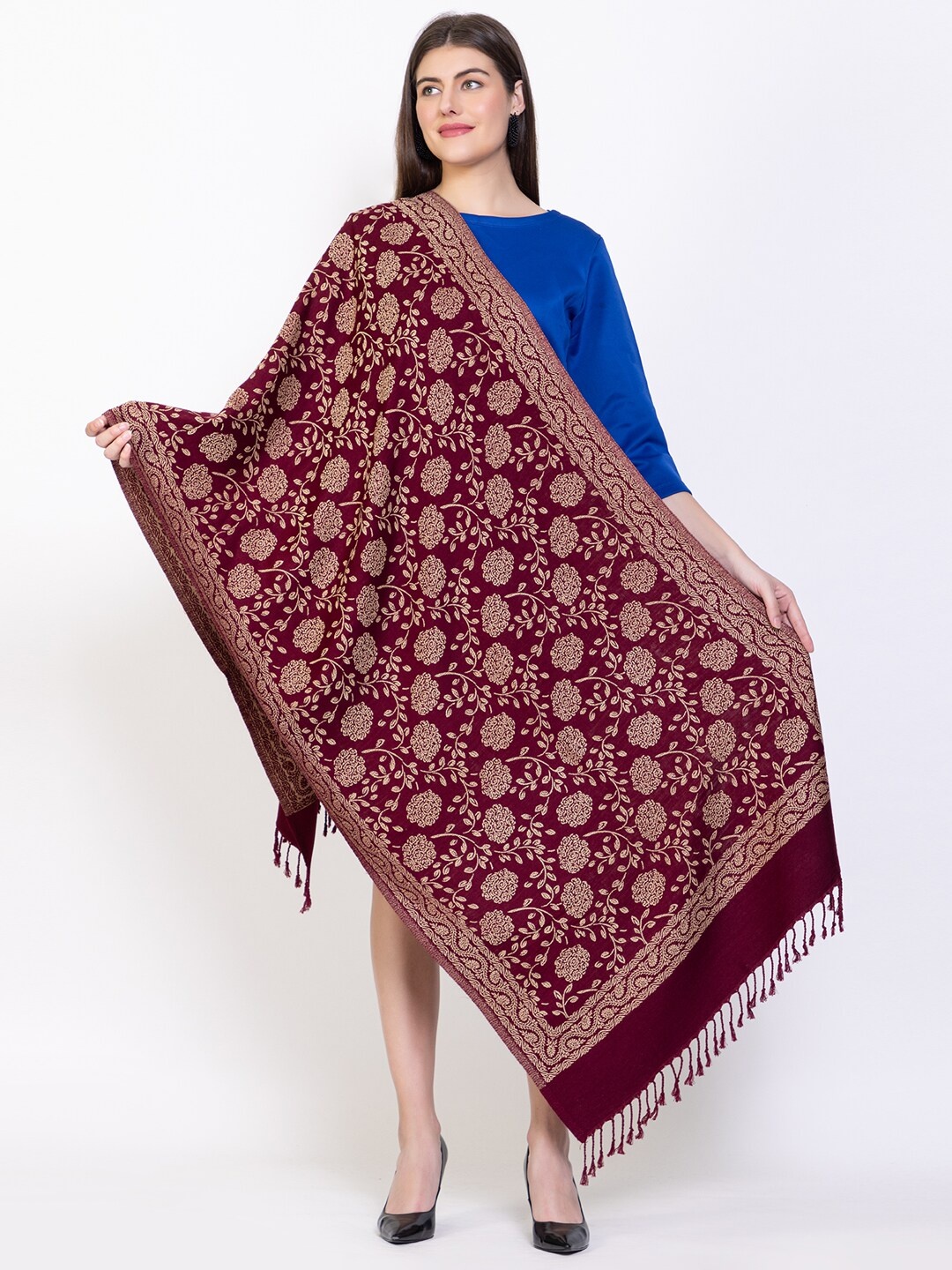 

VH Floral Woven Design Woolen Shawl, Maroon