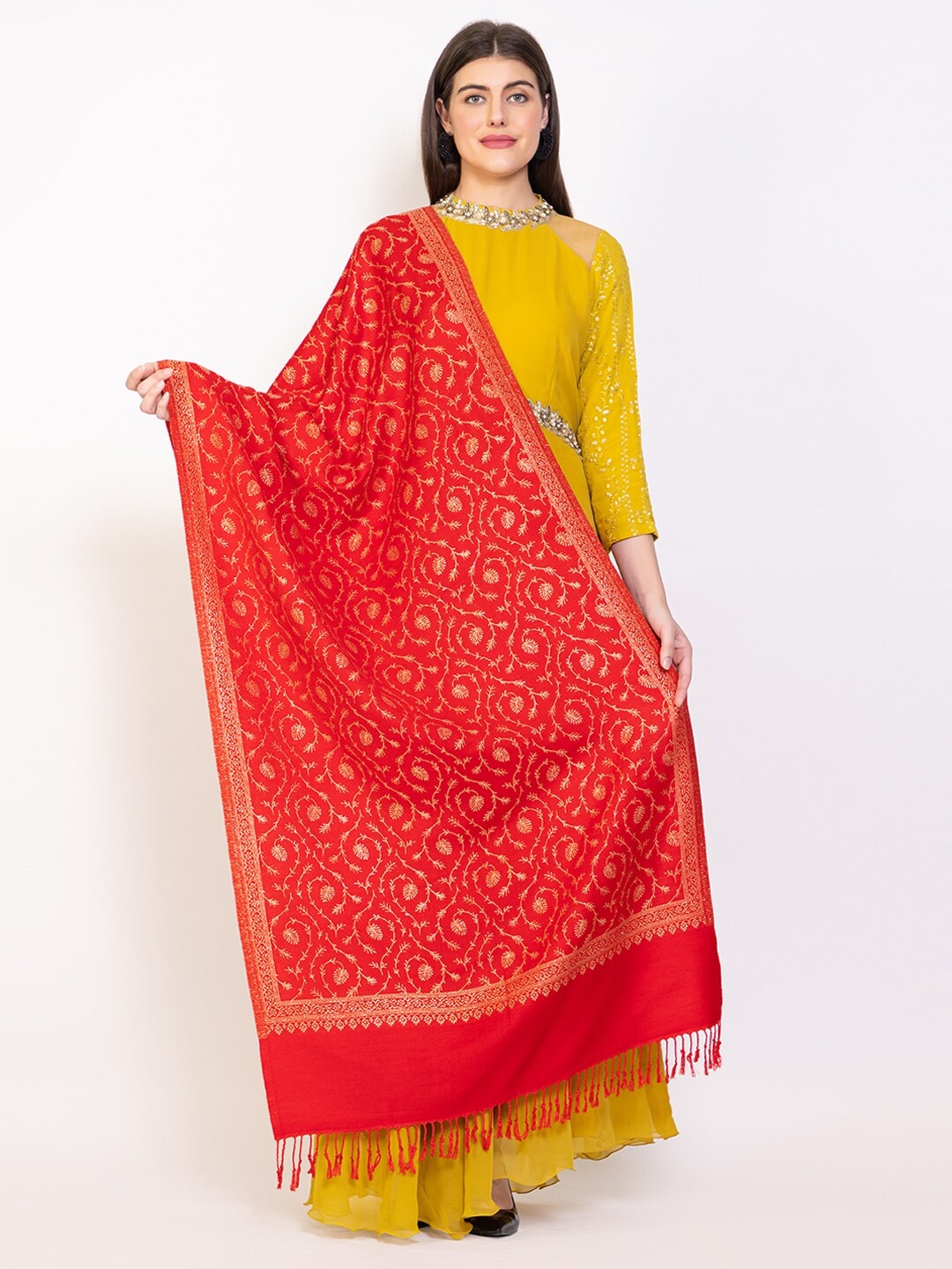 

VH Floral Woven Design Woolen Shawl, Red