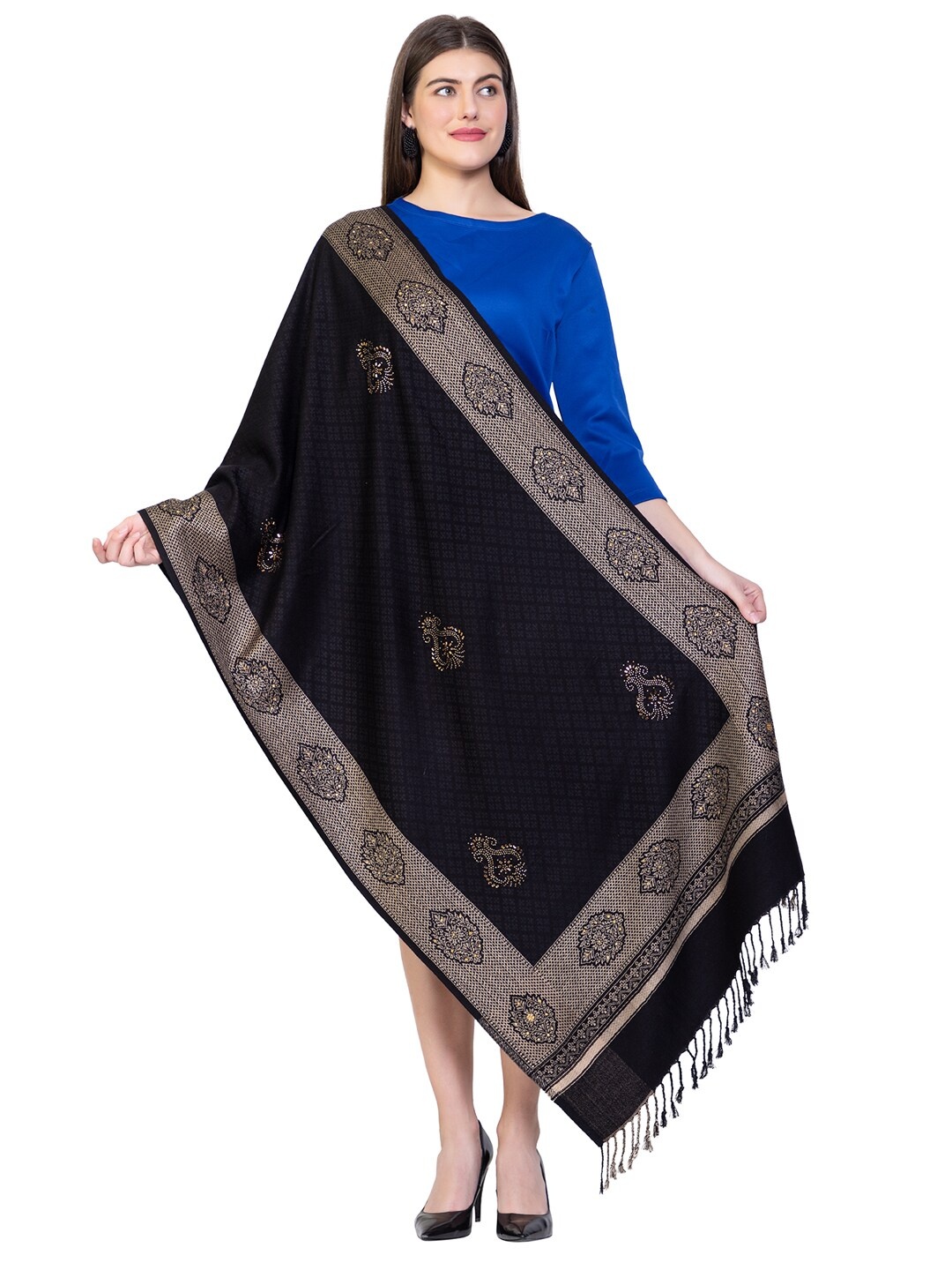 

VH Ethnic Motifs Woven Design Woolen Shawl, Black