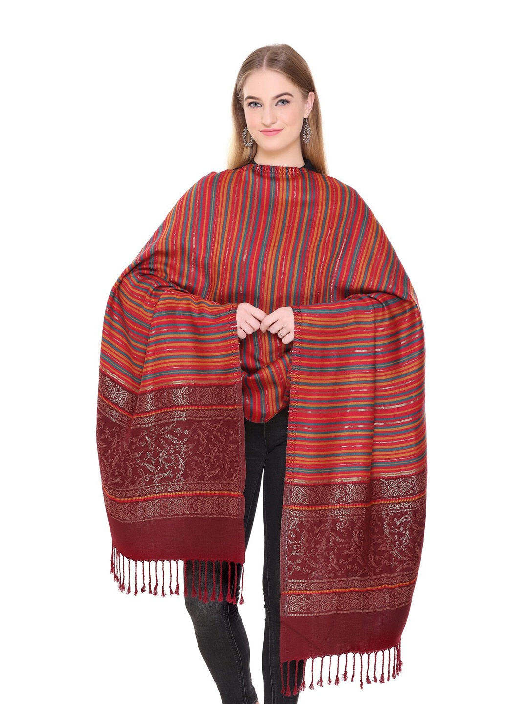 

VH Striped Pure Wool Shawl, Maroon