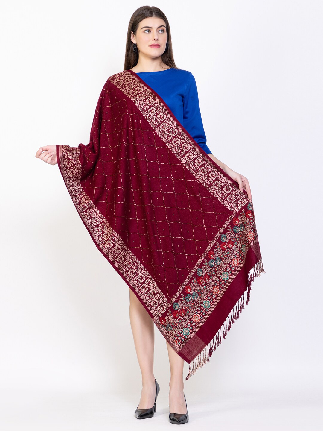 

VH Ethnic Motifs Woven Design Beads & Stones Shawl, Maroon