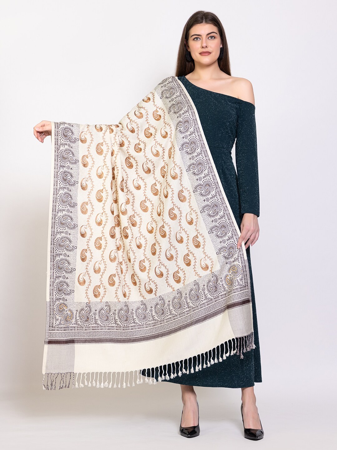 

VH Paisley Embroidered Beads & Stones Shawl, Beige