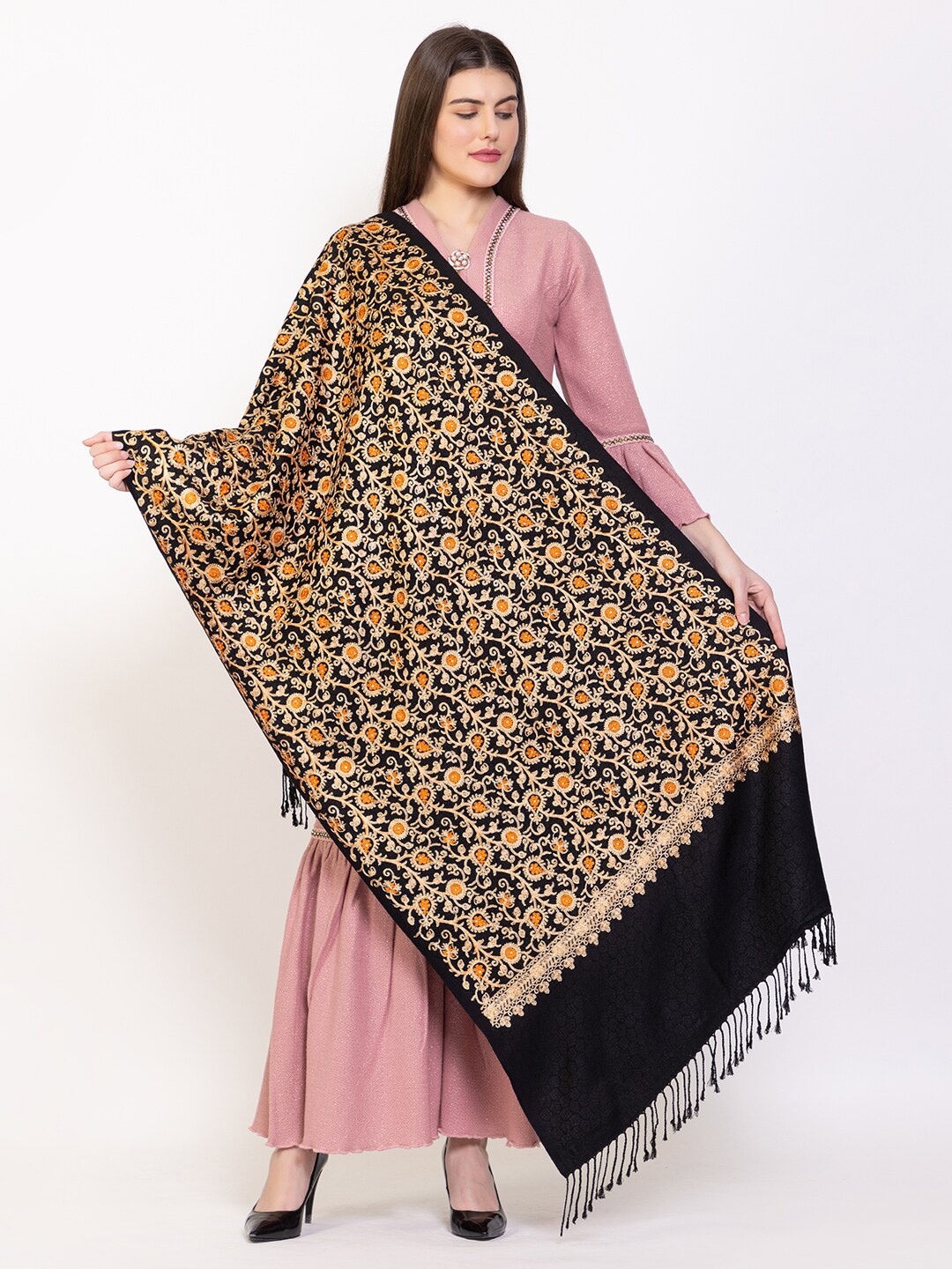 VH Floral Embroidered Woolen Shawl, Black