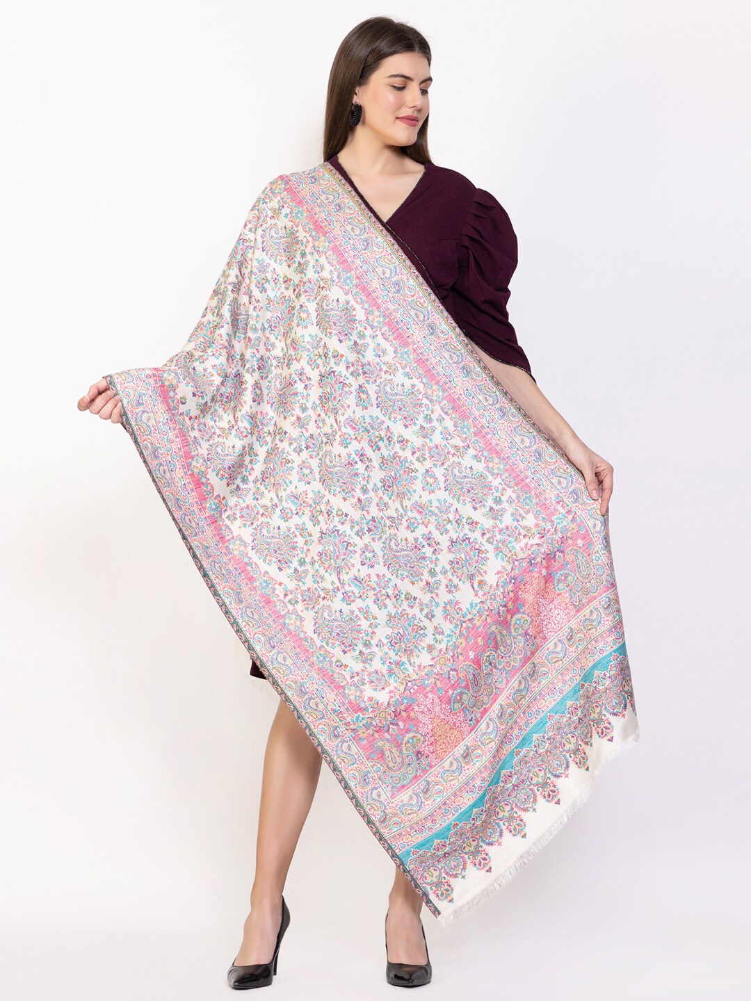 

VH Paisley Woven Design Woolen Shawl, White