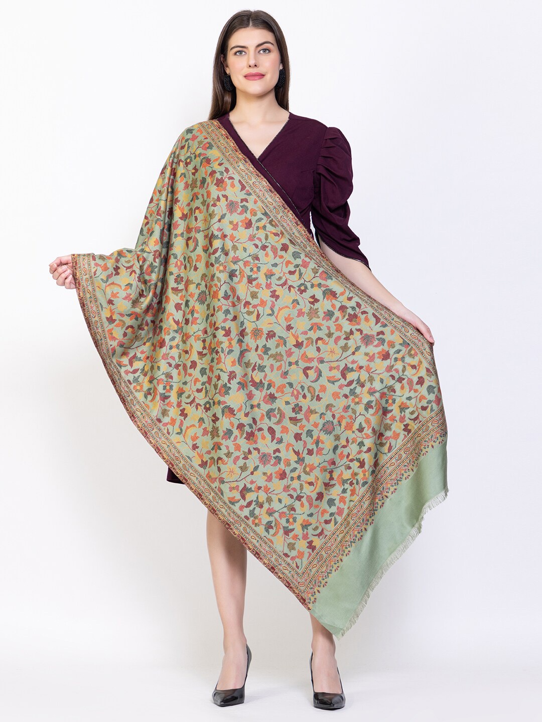 

VH Botanical Woven Design Woolen Shawl, Green