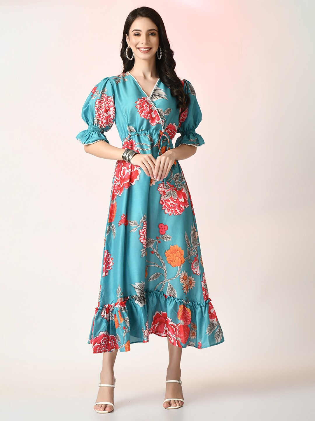 

Myshka Floral Printed Puff Sleeves Tie-Up Detail Flounce Georgette Wrap Midi Dress, Sea green