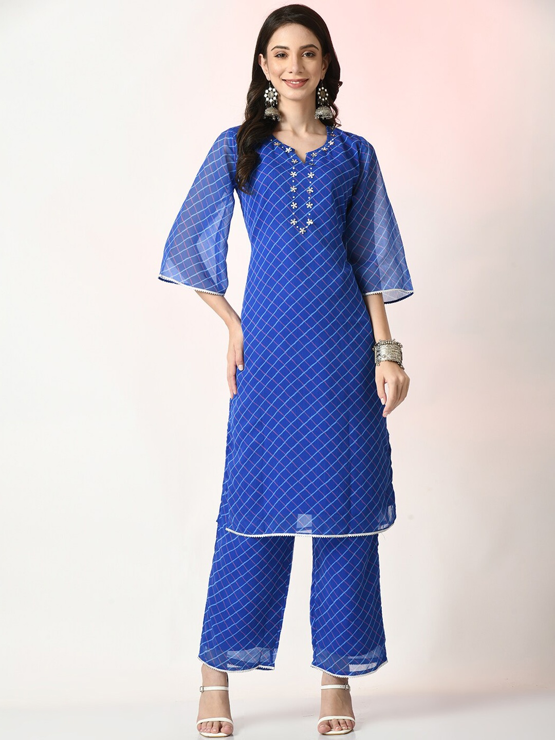 

Myshka Notched Neck Checked Gotta Patti Kurta with Palazzos, Blue
