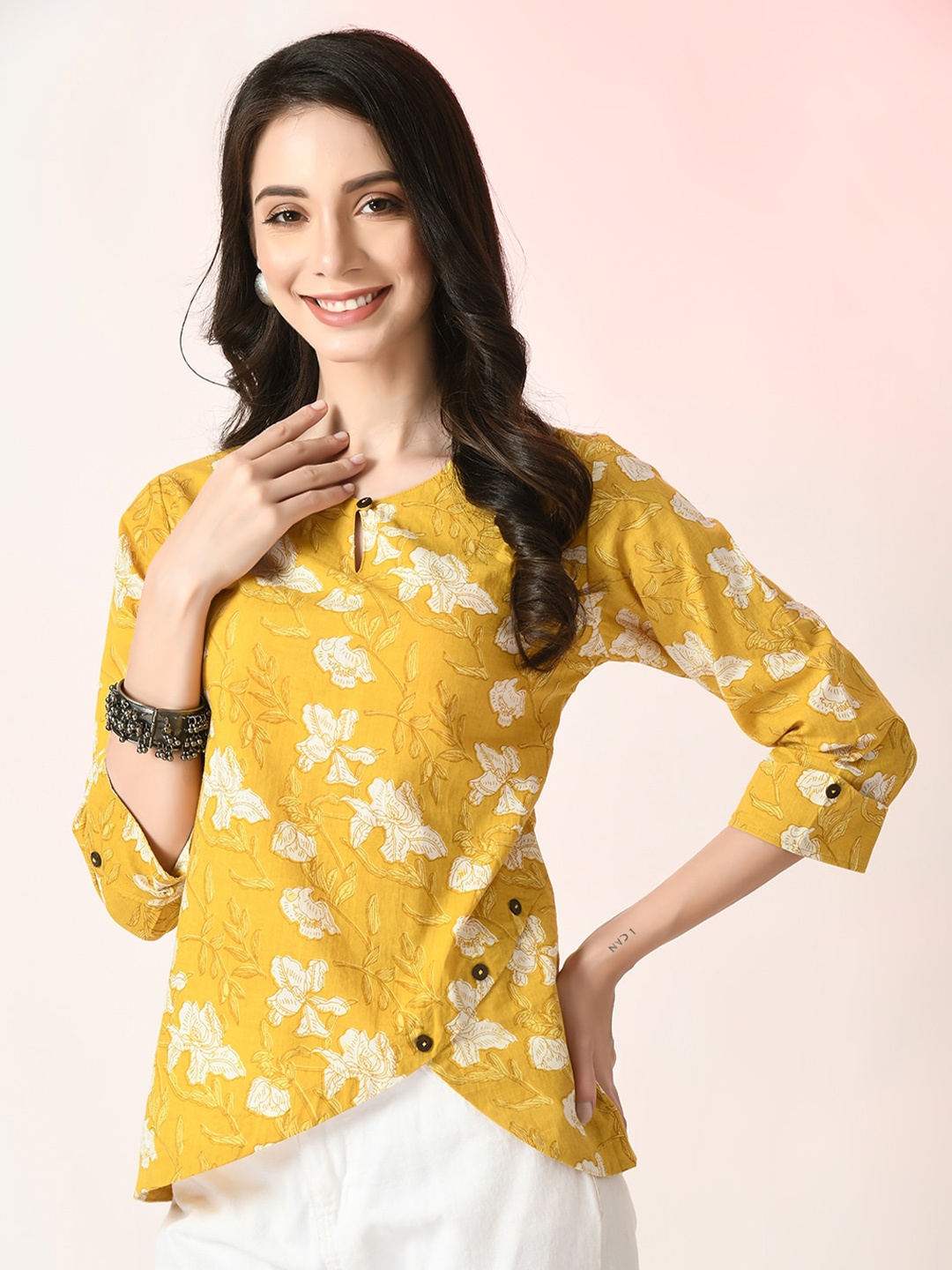 

Myshka Floral Printed Cotton Top, Yellow