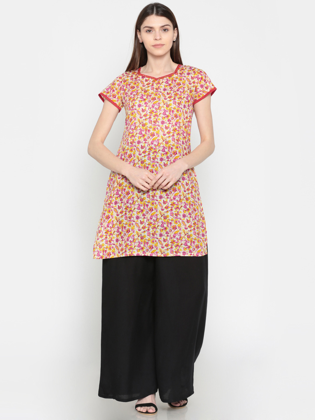 

Karigari Women Yellow & Pink Printed A-Line Kurta