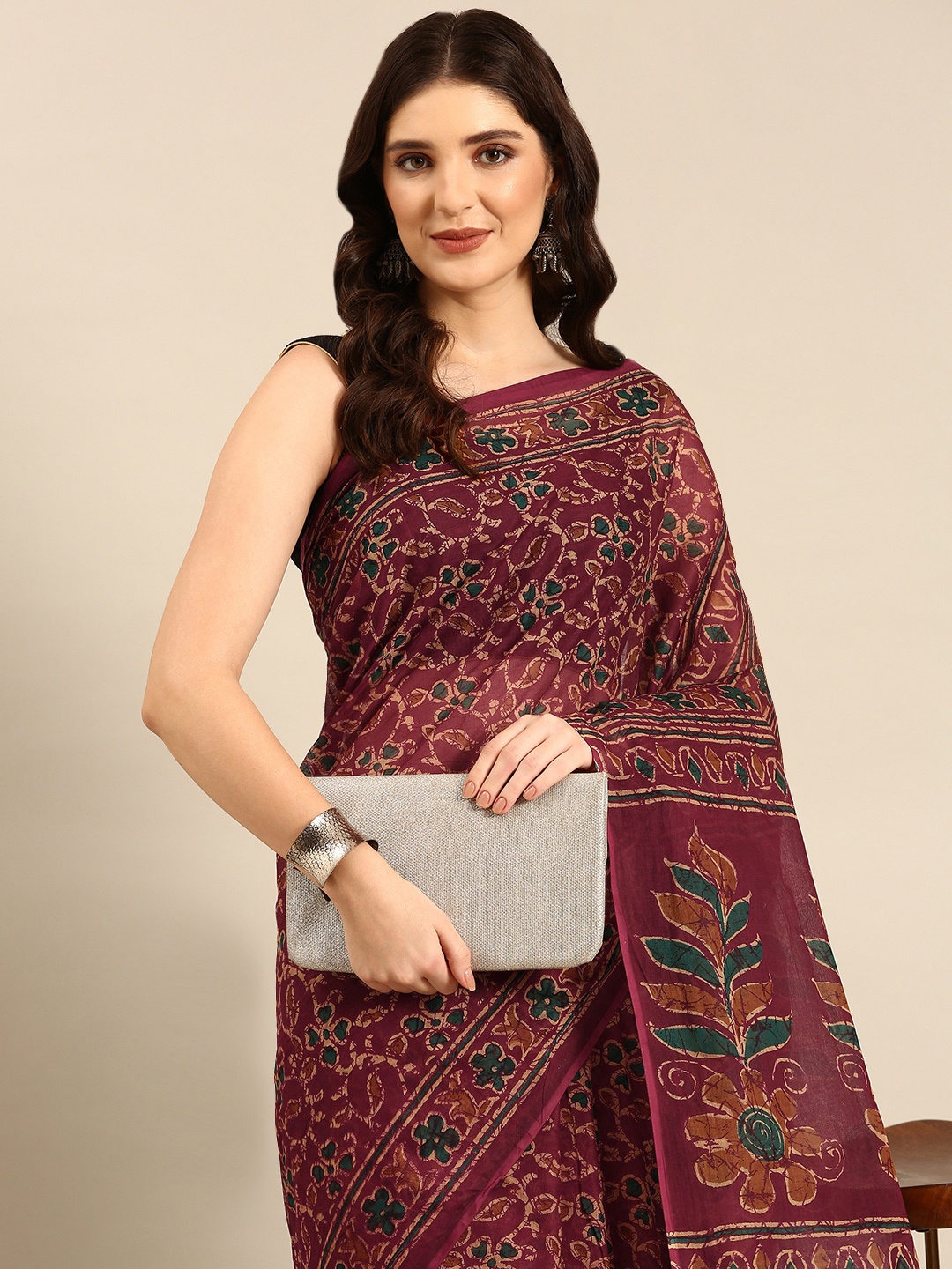 

SHANVIKA Maroon Batik Pure Cotton Block Print Saree