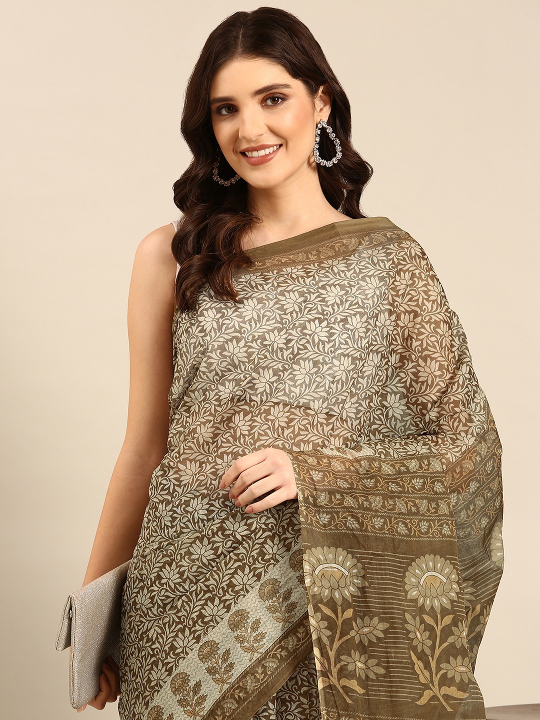 

SHANVIKA Olive Green Floral Pure Cotton Block Print Saree