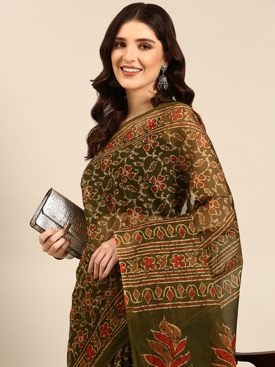

SHANVIKA Green Batik Pure Cotton Block Print Saree