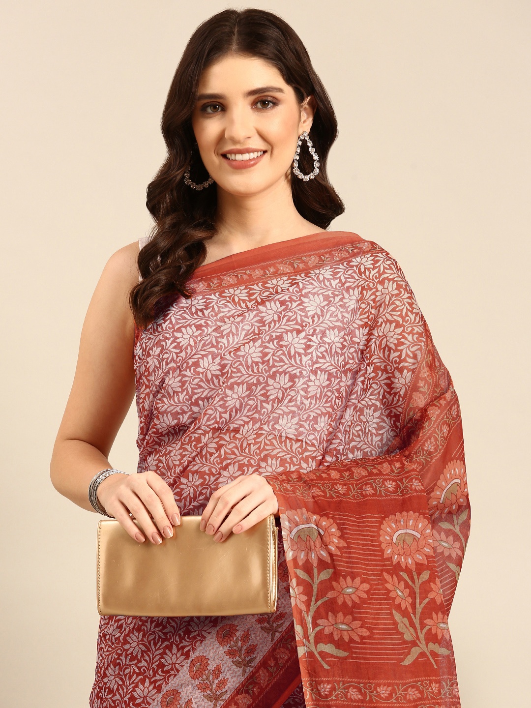 

SHANVIKA Rust Floral Pure Cotton Block Print Saree