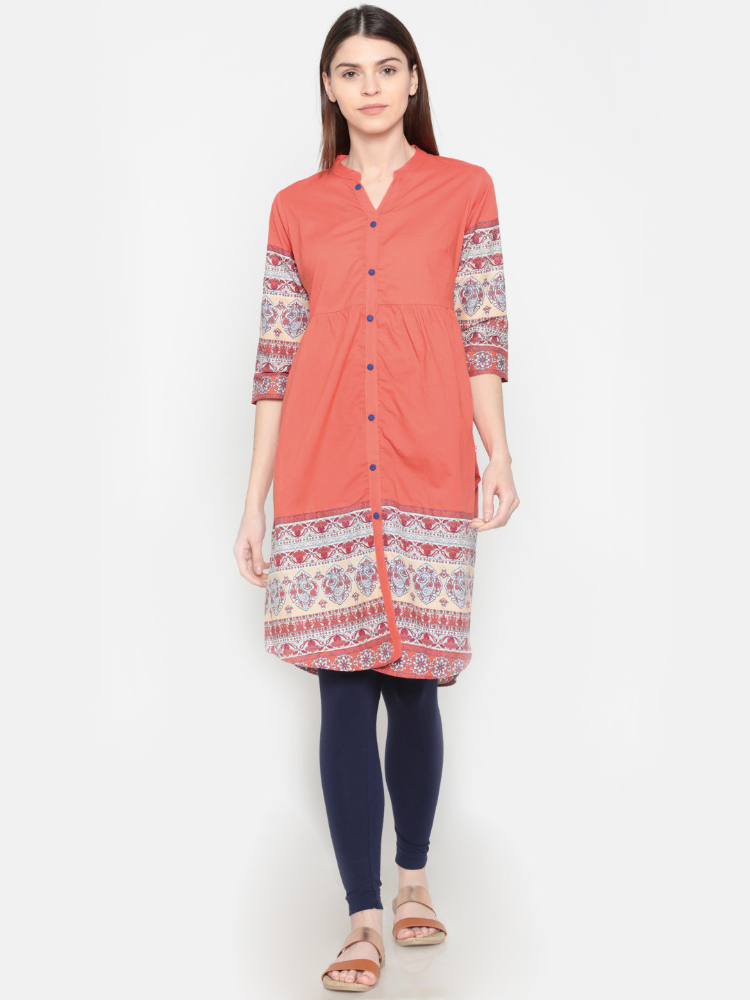 

Karigari Women Peach-Coloured & Olive Green Printed Straight Kurta