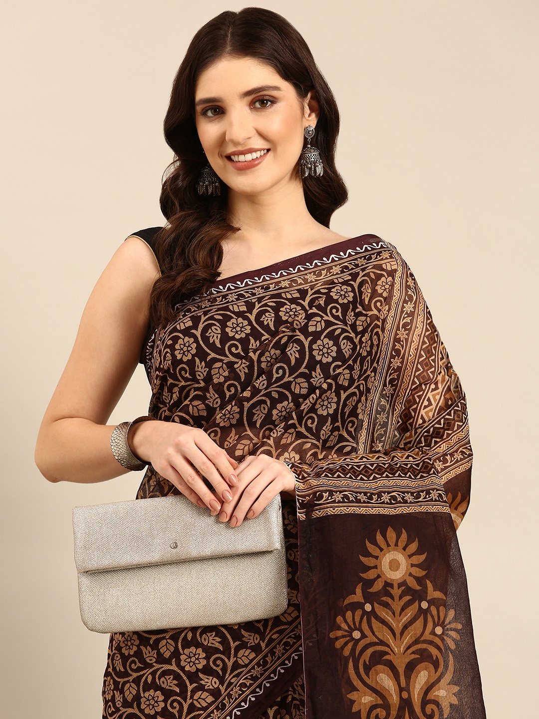 

SHANVIKA Brown Floral Pure Cotton Block Print Saree