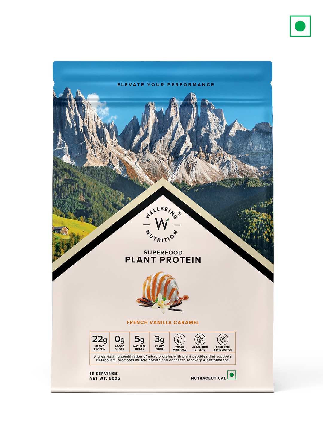 

Wellbeing Nutrition French Vanilla Caramel Superfood Plant Protein Powder - 500 gms, Blue