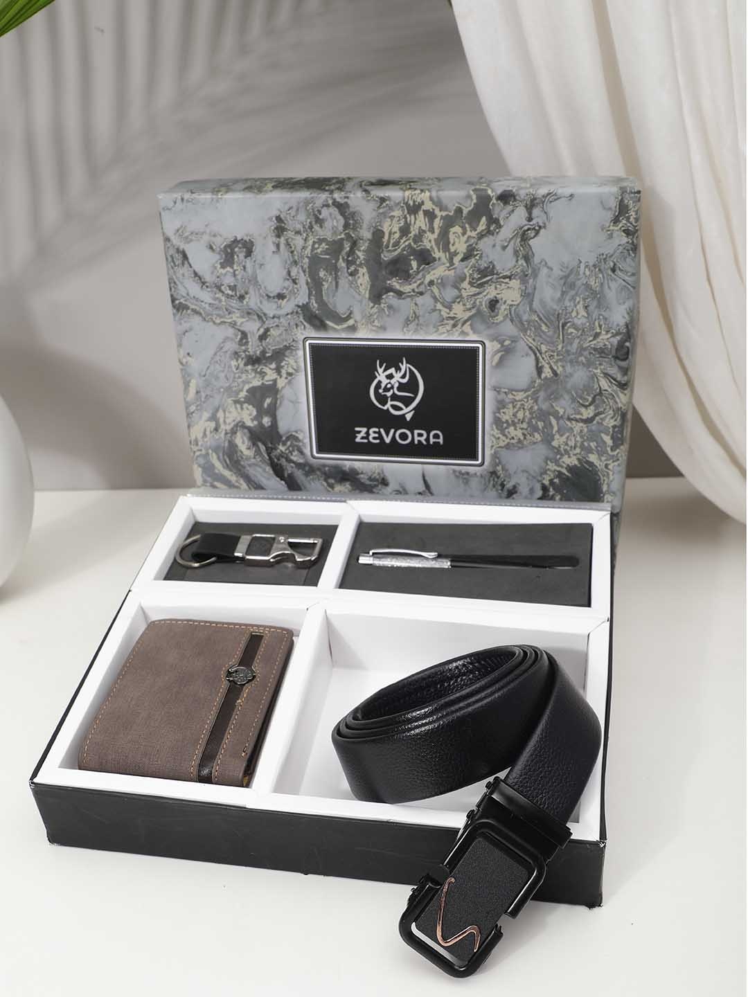 

ZEVORA Men Leather Belt, Wallet, Keychain and Pen Gift Set, Black