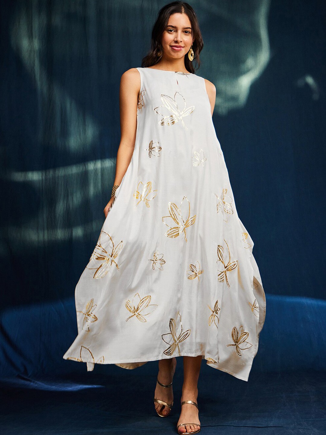 

Pink Fort Floral Printed Boat Neck A-Line Midi Ethnic Dress, Off white