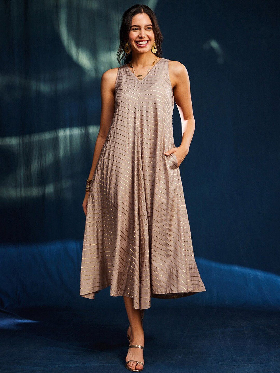 

Pink Fort Striped V-Neck A-Line Midi Ethnic Dress, Brown