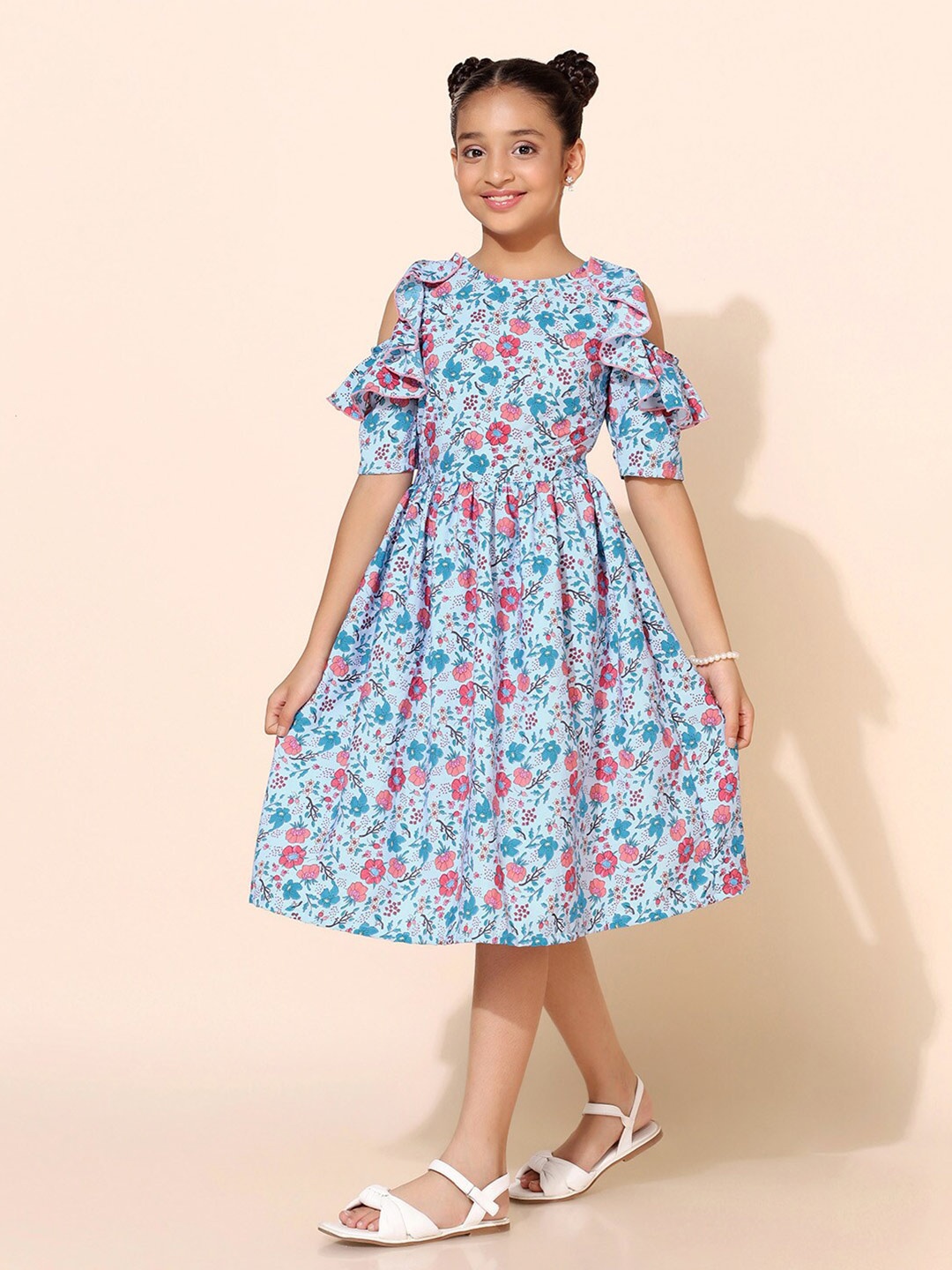 

FASHION DREAM Girls Floral Printed Cold Shoulder Sleeves Ruffled Fit & Flare Midi Dress, Blue