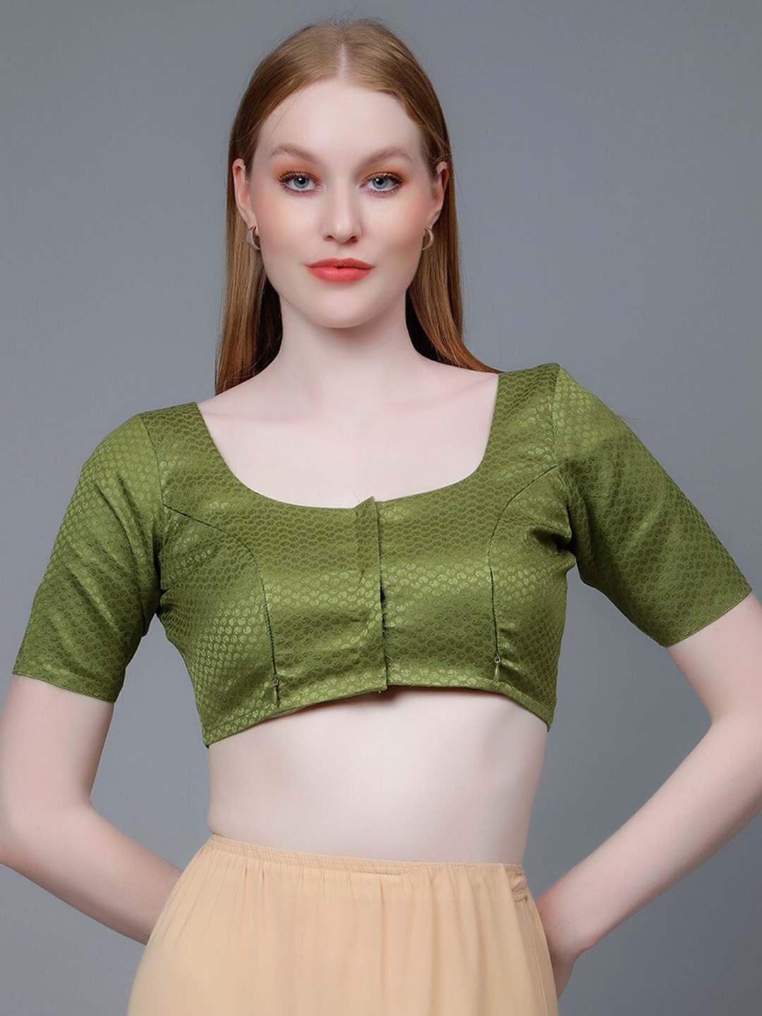 

DUMMY SHAPE Woven Design Pure Cotton Maternity Saree Blouse, Olive