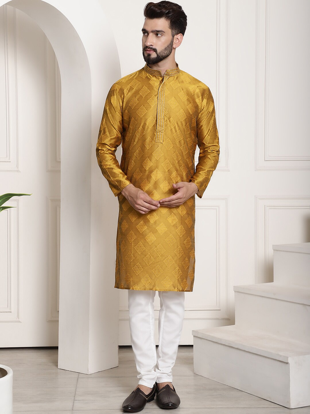 

SOJANYA Woven Design Mandarin Collar Regular Kurta with Churidar, Mustard
