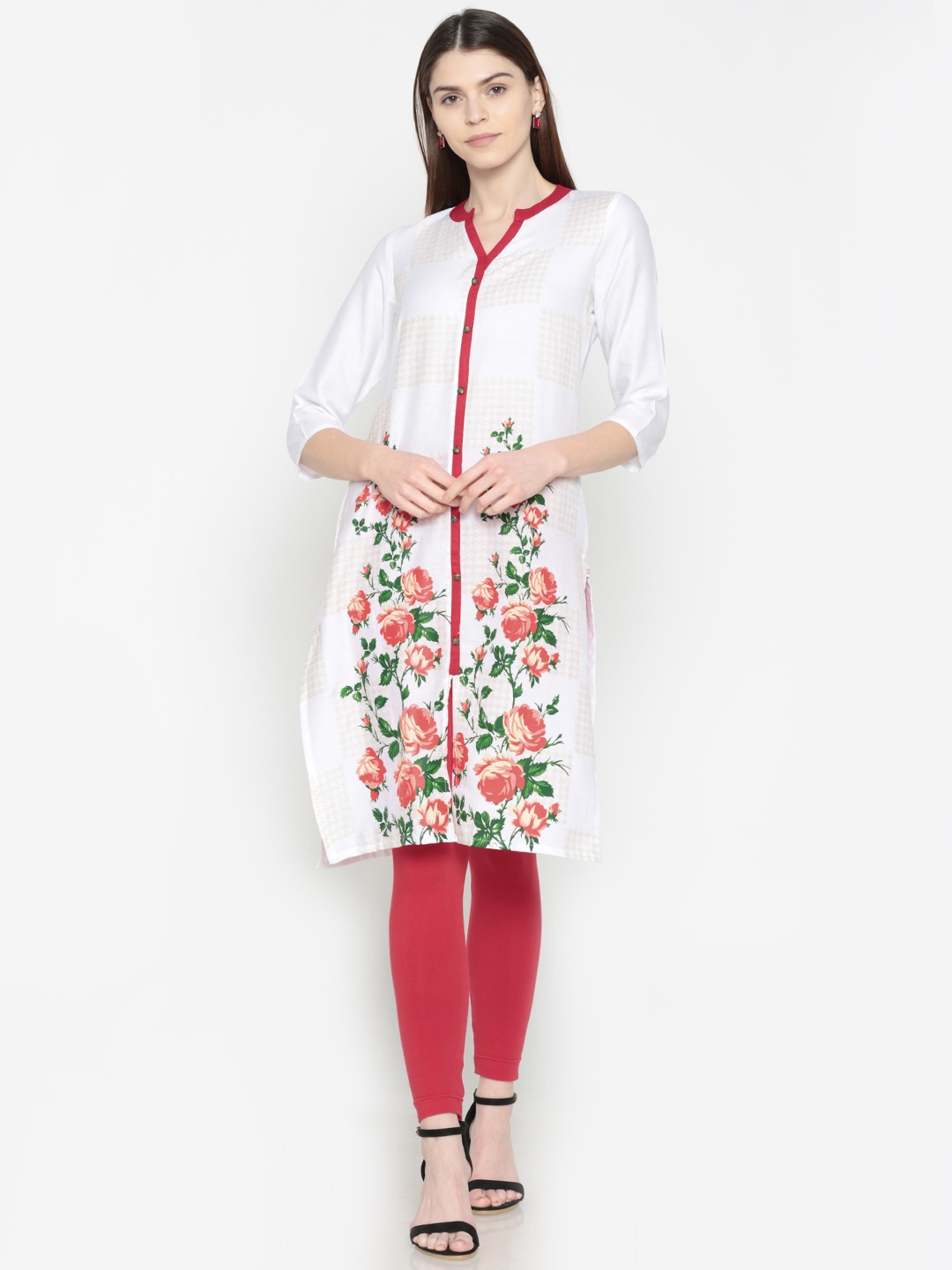 

Karigari Women White Floral Printed Straight Kurta
