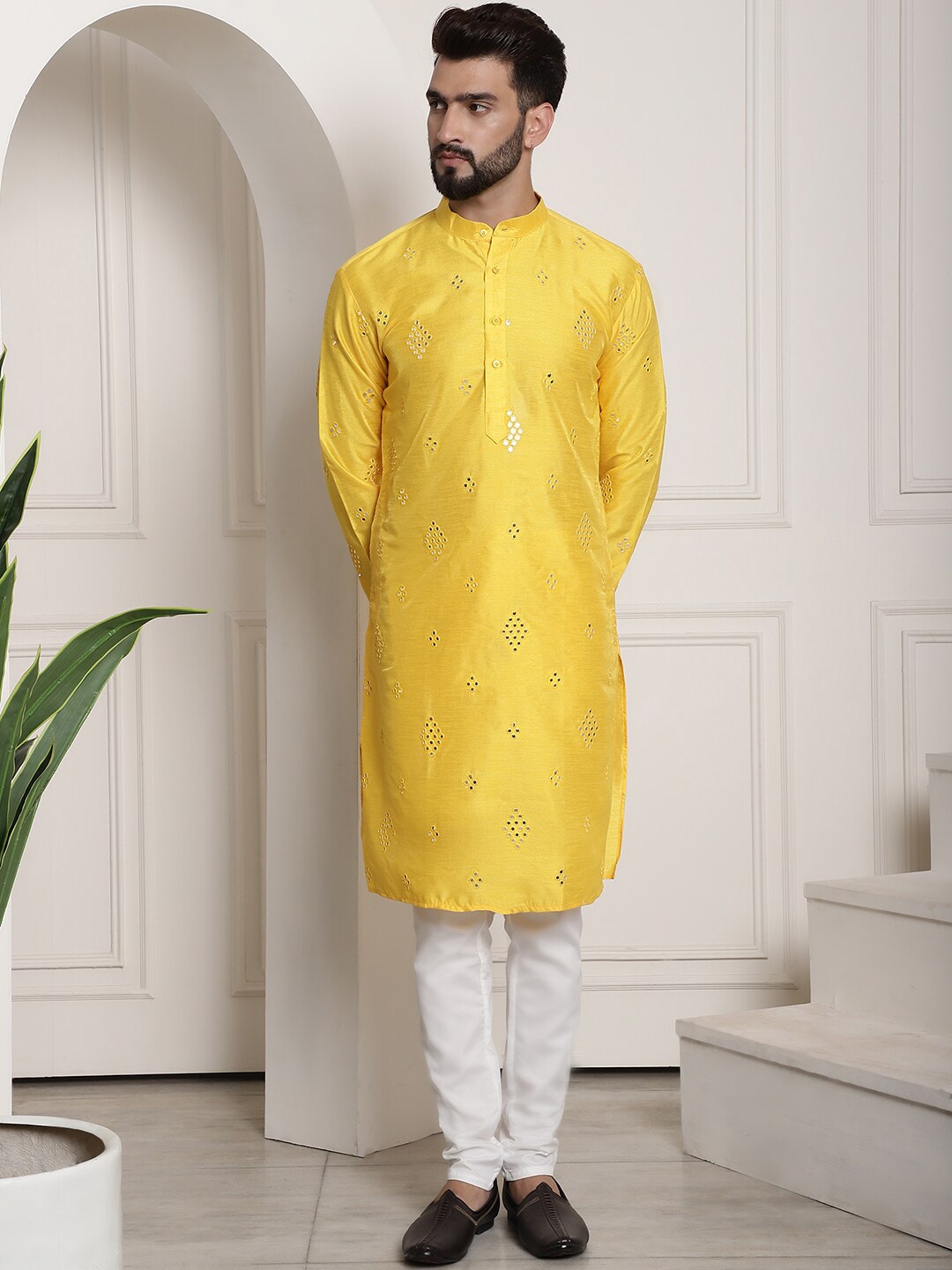 

SOJANYA Ethnic Motifs Embroidered Mirror Work Regular Kurta with Churidar, Yellow