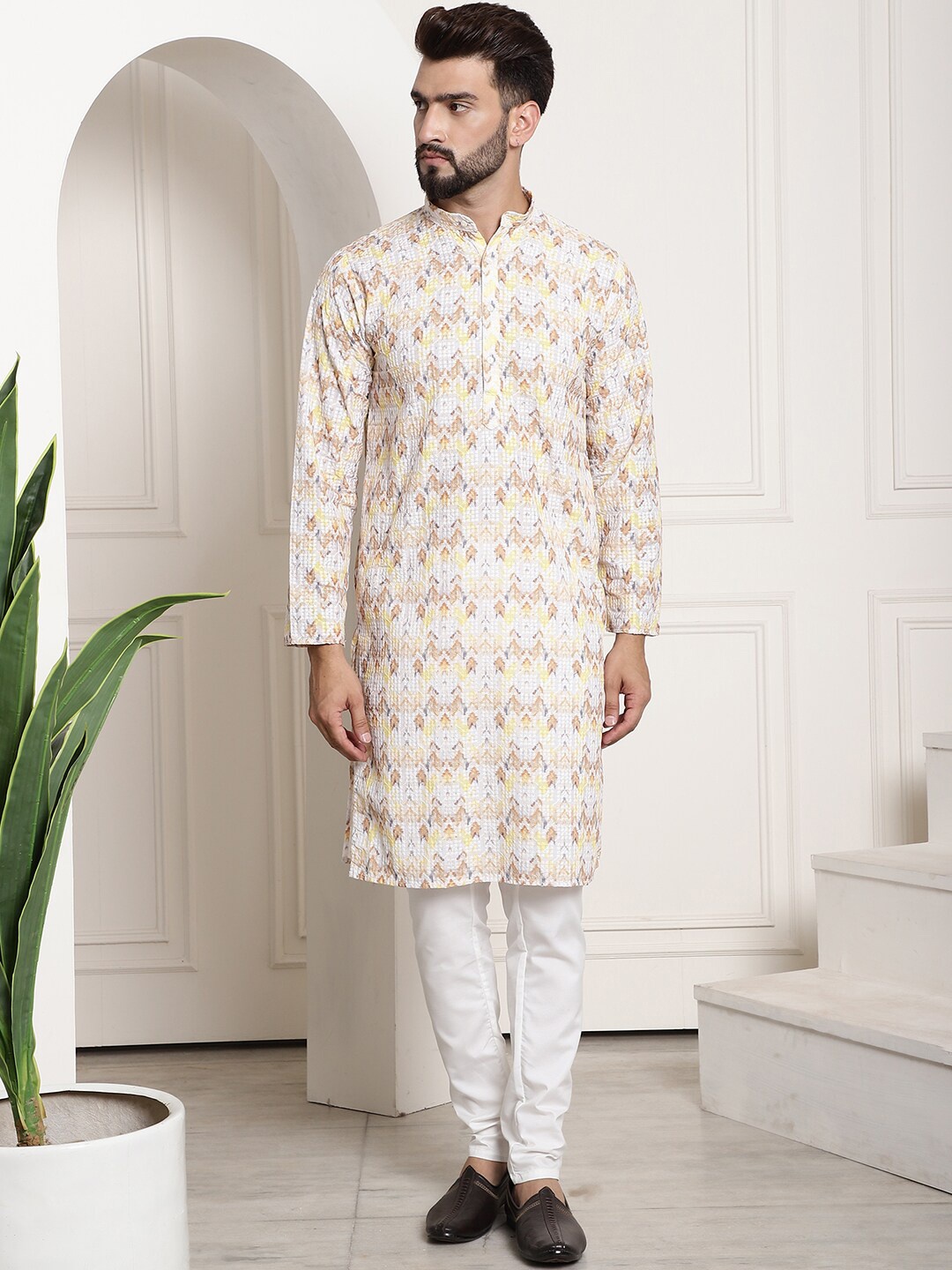 

SOJANYA Ethnic Motifs Printed Thread Work Pure Cotton Straight Kurta with Churidar, Yellow