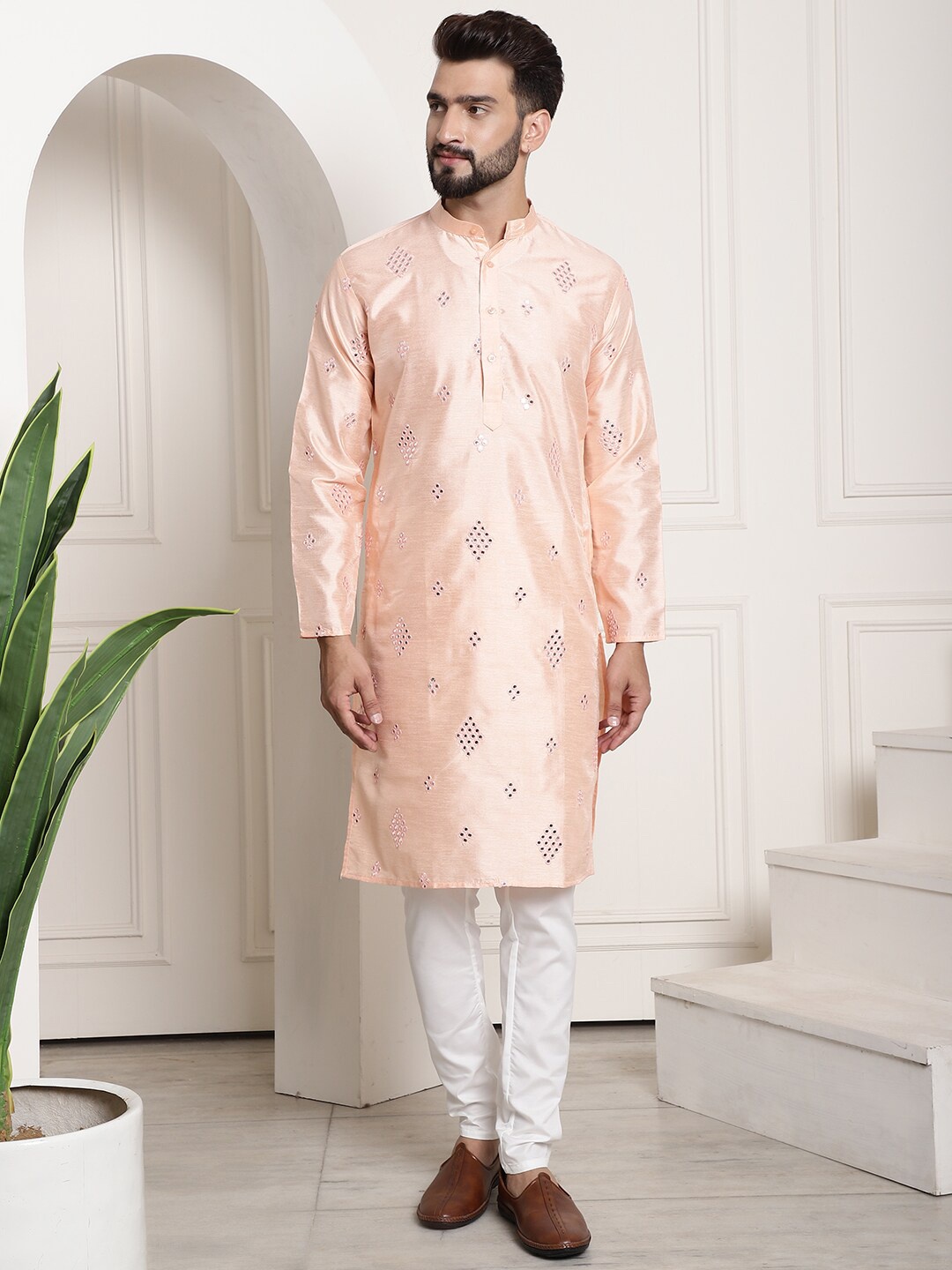 

SOJANYA Embroidered Regular Mirror Work Kurta with Churidar, Peach