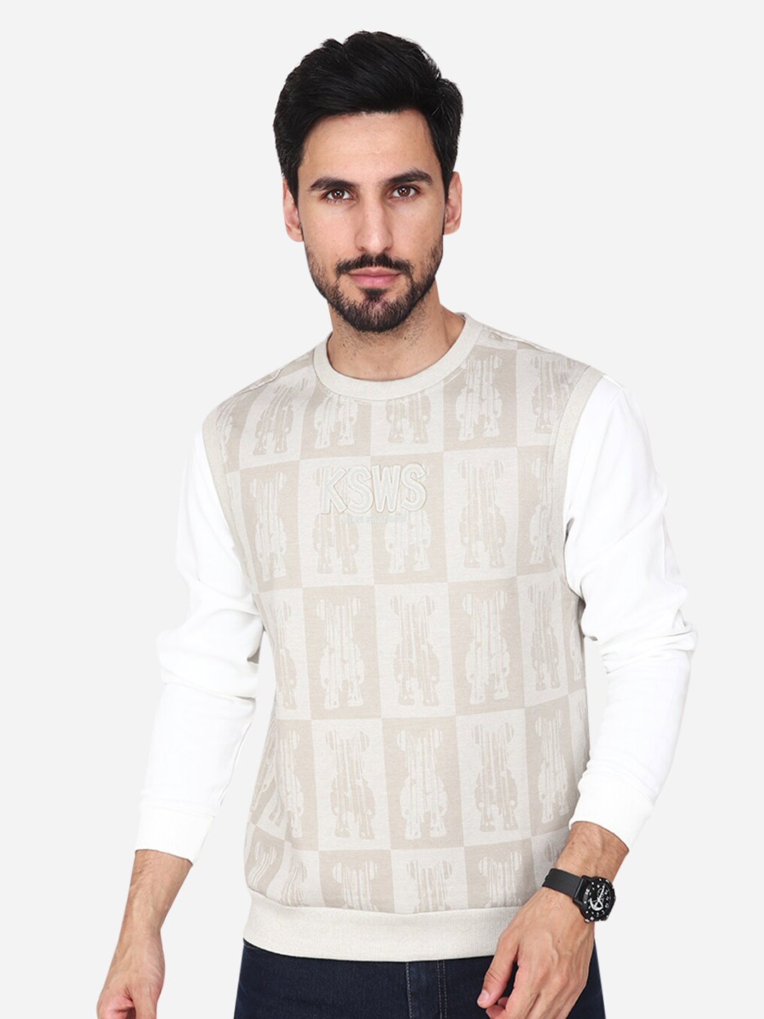 

Steele Typography Printed Round Neck Pullover Cotton Sweatshirt, Beige