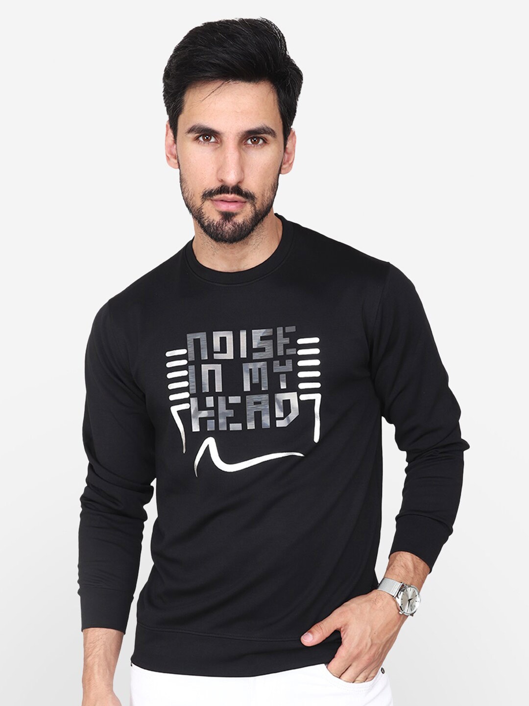 

Steele Typography Printed Round Neck Pullover Cotton Sweatshirt, Black