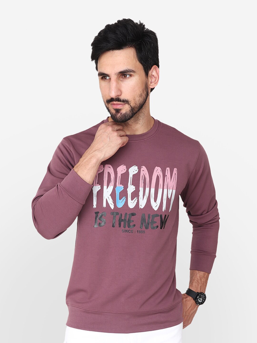 

Steele Typography Printed Round Neck Pullover Cotton Sweatshirt, Coral