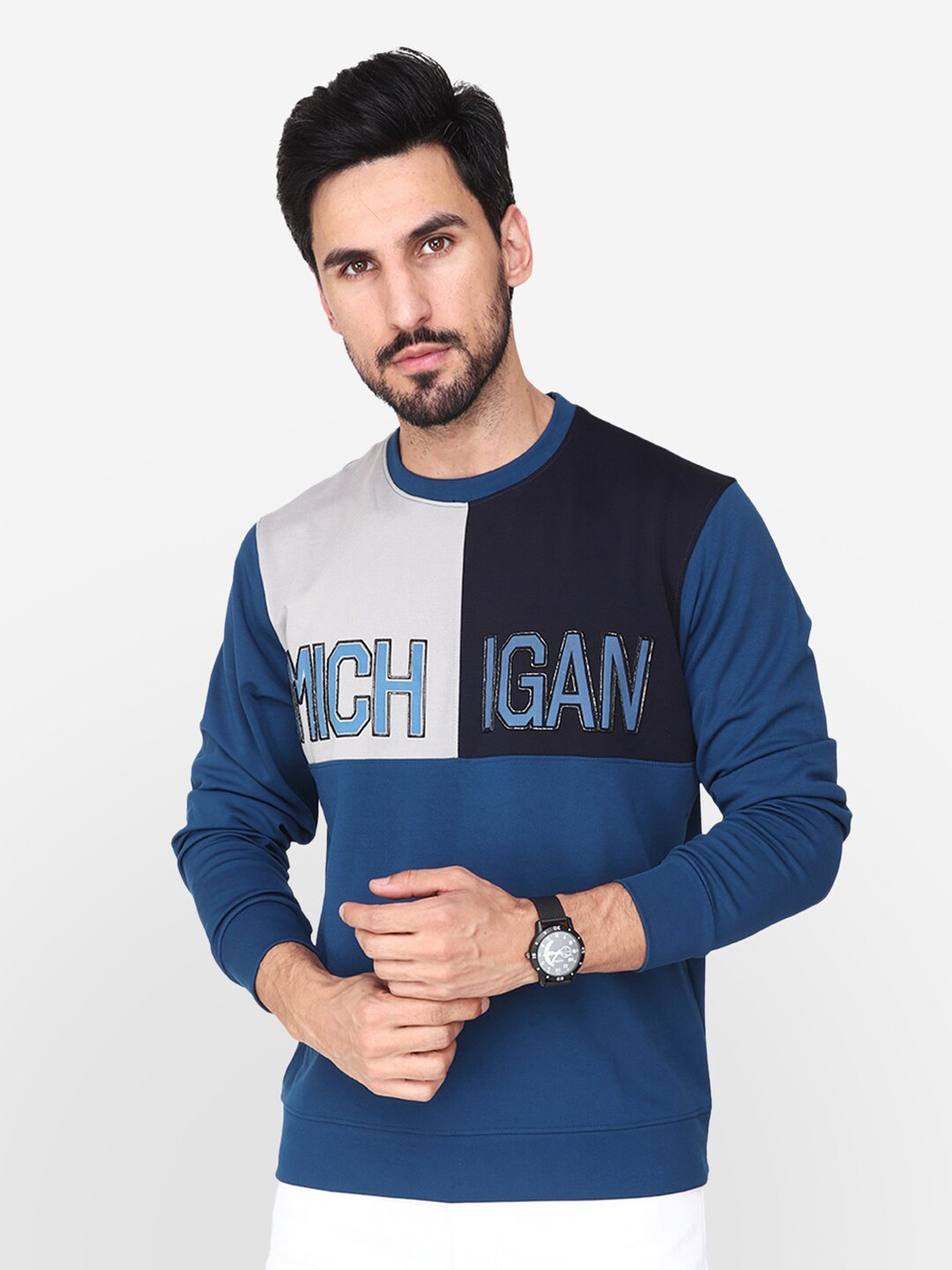 

Steele Typography Printed Round Neck Pullover Cotton Sweatshirt, Blue