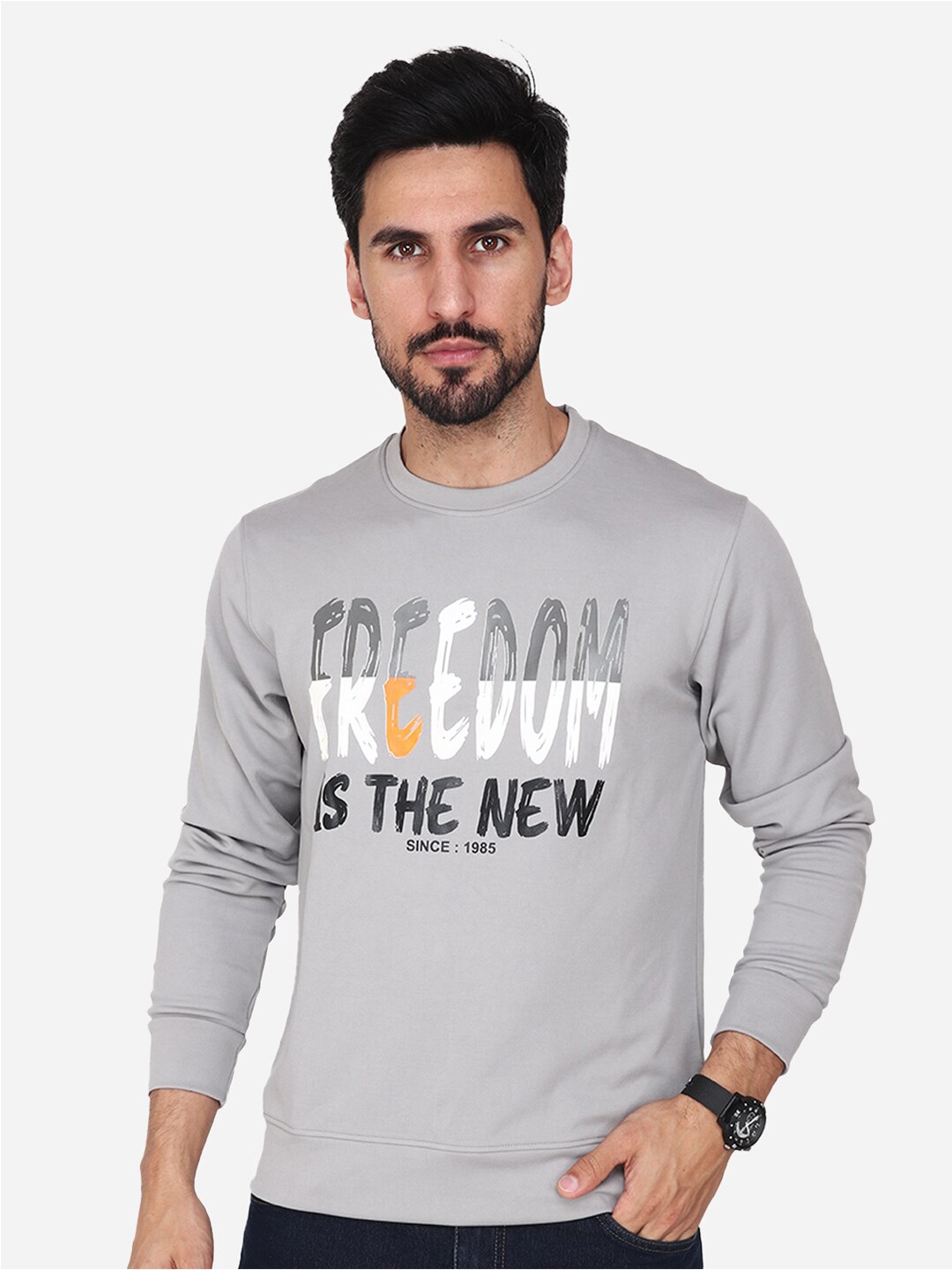 

Steele Typography Printed Round Neck Cotton Sweatshirt, Grey