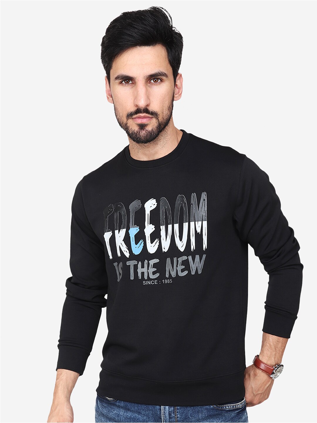 

Steele Typography Printed Round Neck Pullover Cotton Sweatshirt, Black