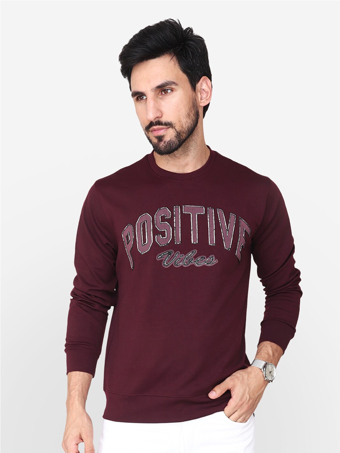 

Steele Typography Printed Round Neck Pullover Cotton Sweatshirt, Maroon