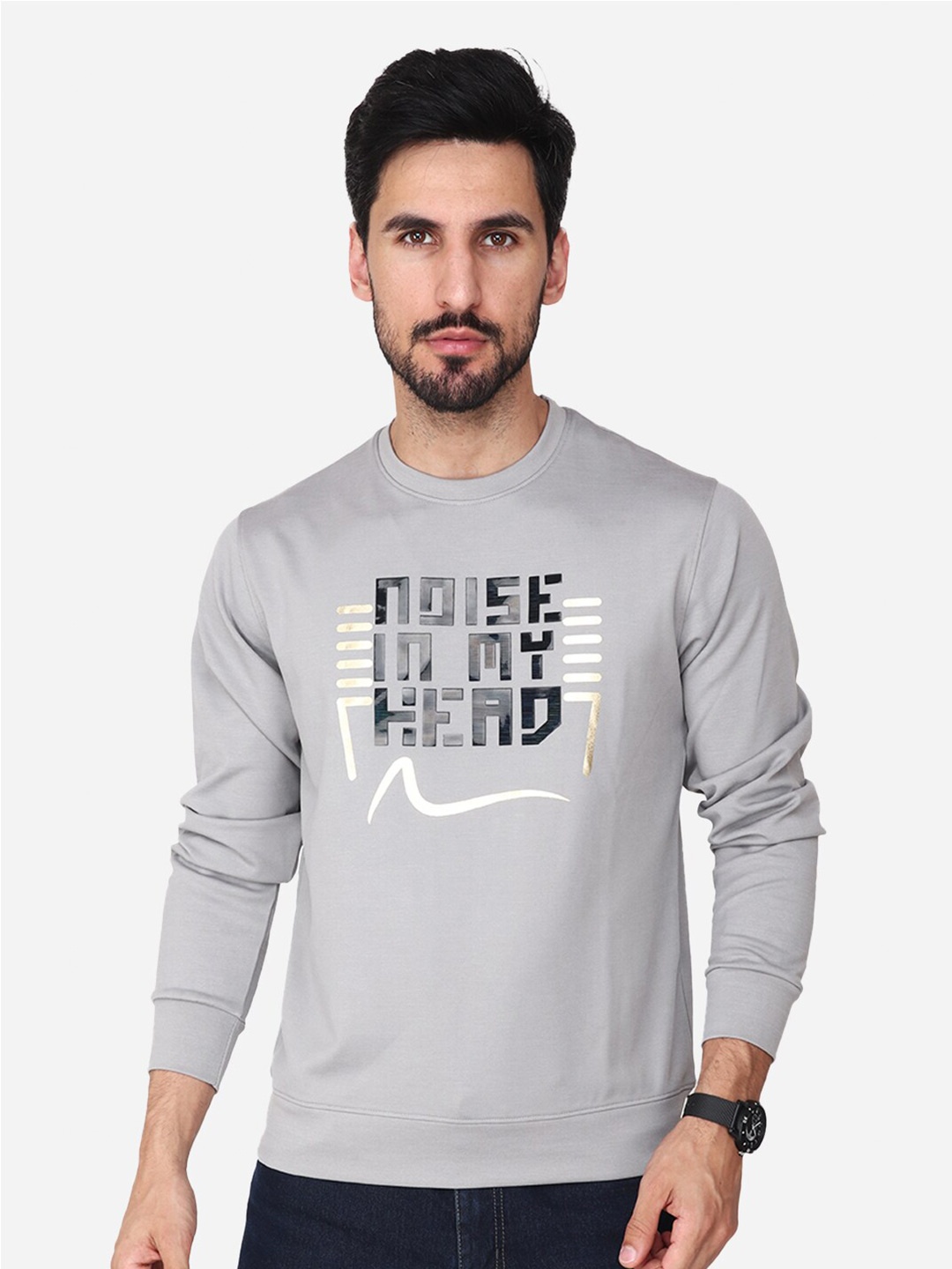 

Steele Typography Printed Round Neck Pullover Cotton Sweatshirt, Grey
