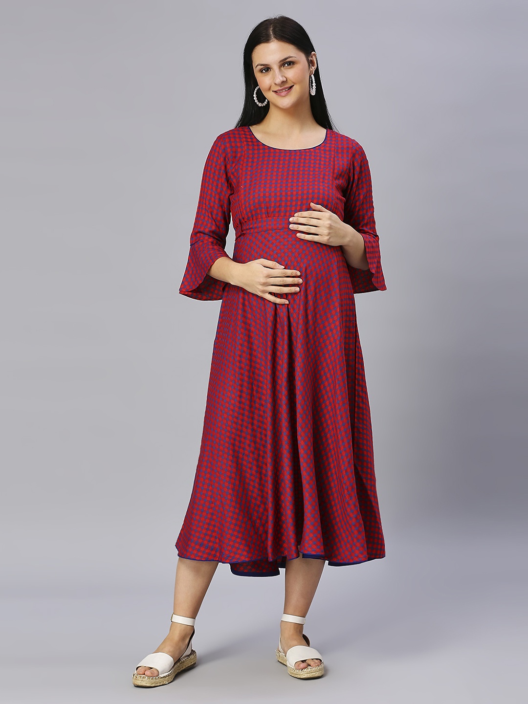 

DUMMY SHAPE Checked Bell Sleeves Maternity Dress, Red