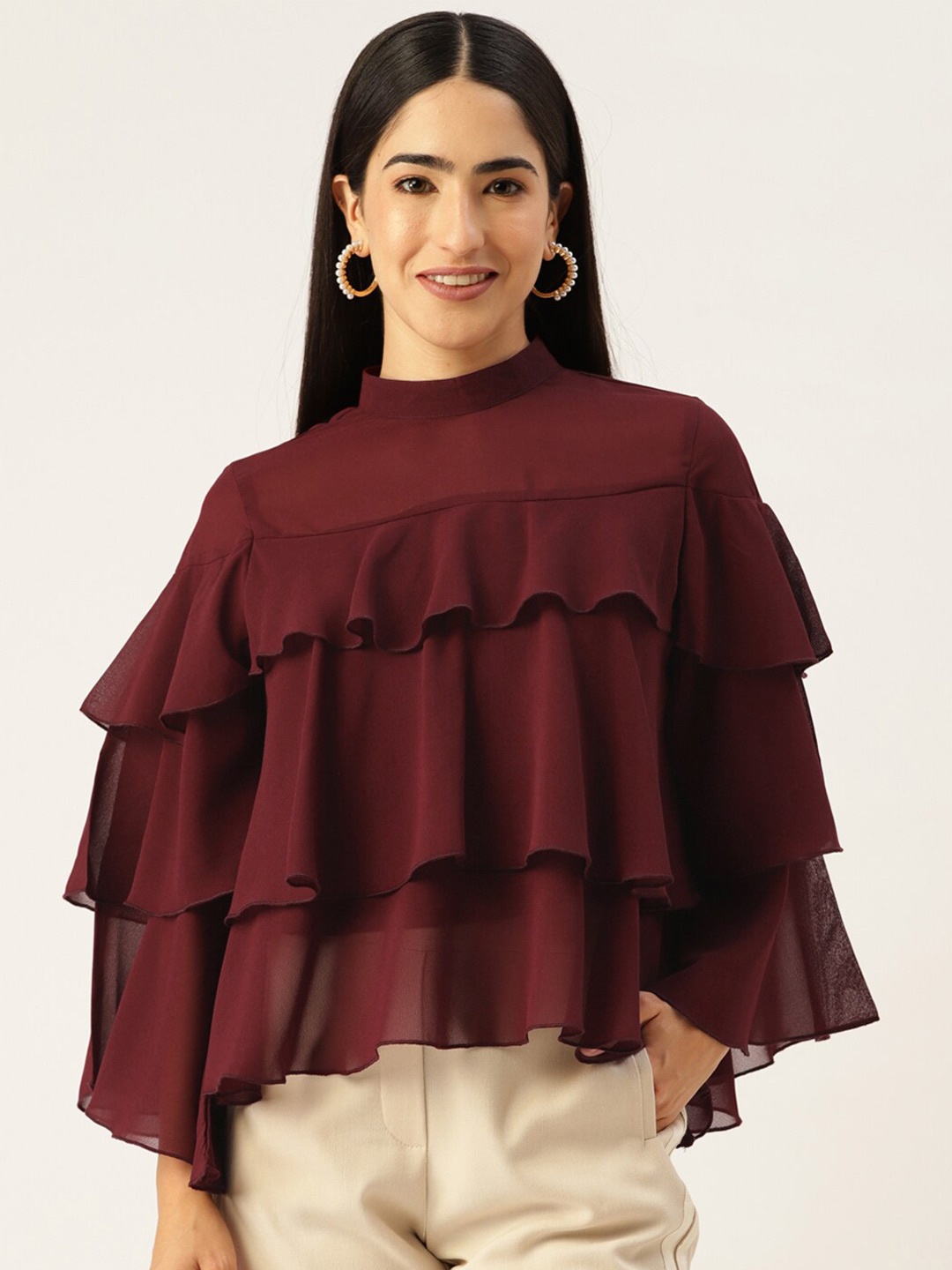 

Stylecast X KPOP Flared Sleeve Layered Georgette Top, Maroon