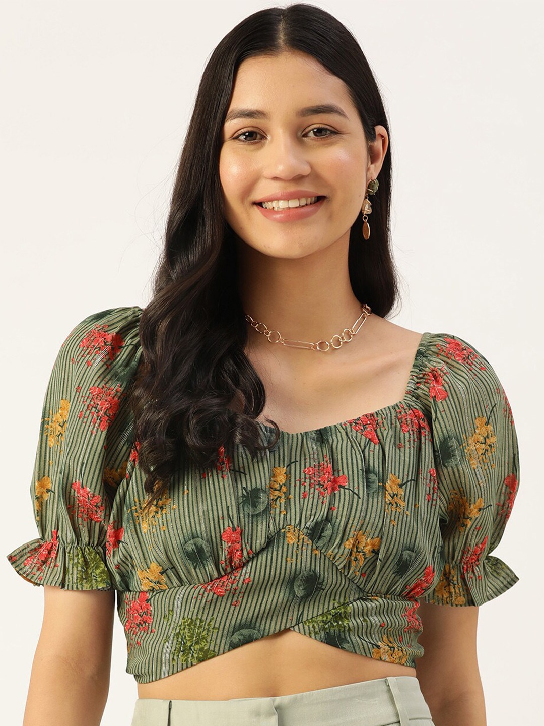 Stylecast X KPOP Floral Print Puff Sleeve Georgette Crop Top, Green