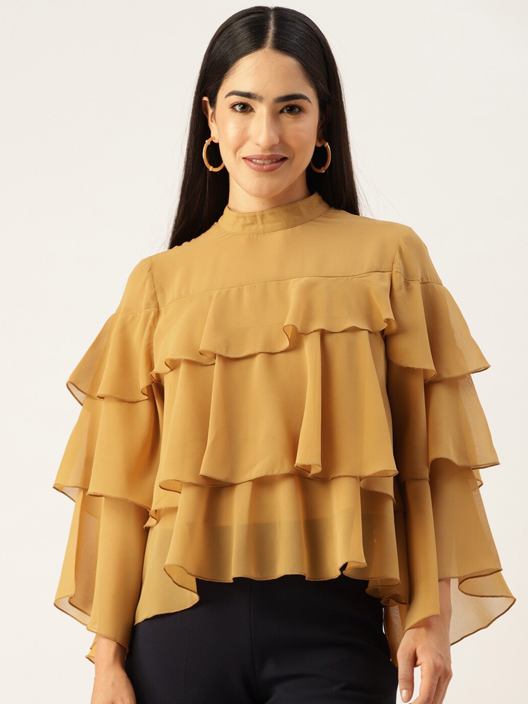 

Stylecast X KPOP Layered Flutter Sleeve Georgette Top, Mustard