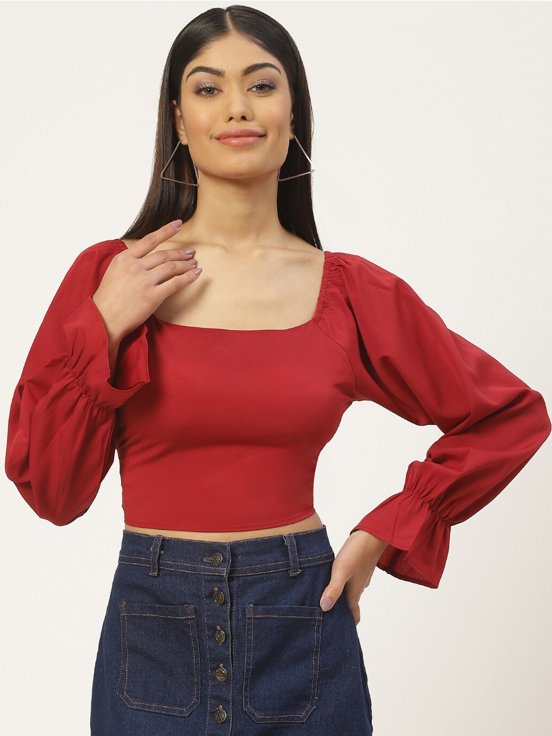 

Stylecast X KPOP Puff Sleeve Crepe Crop Top, Maroon