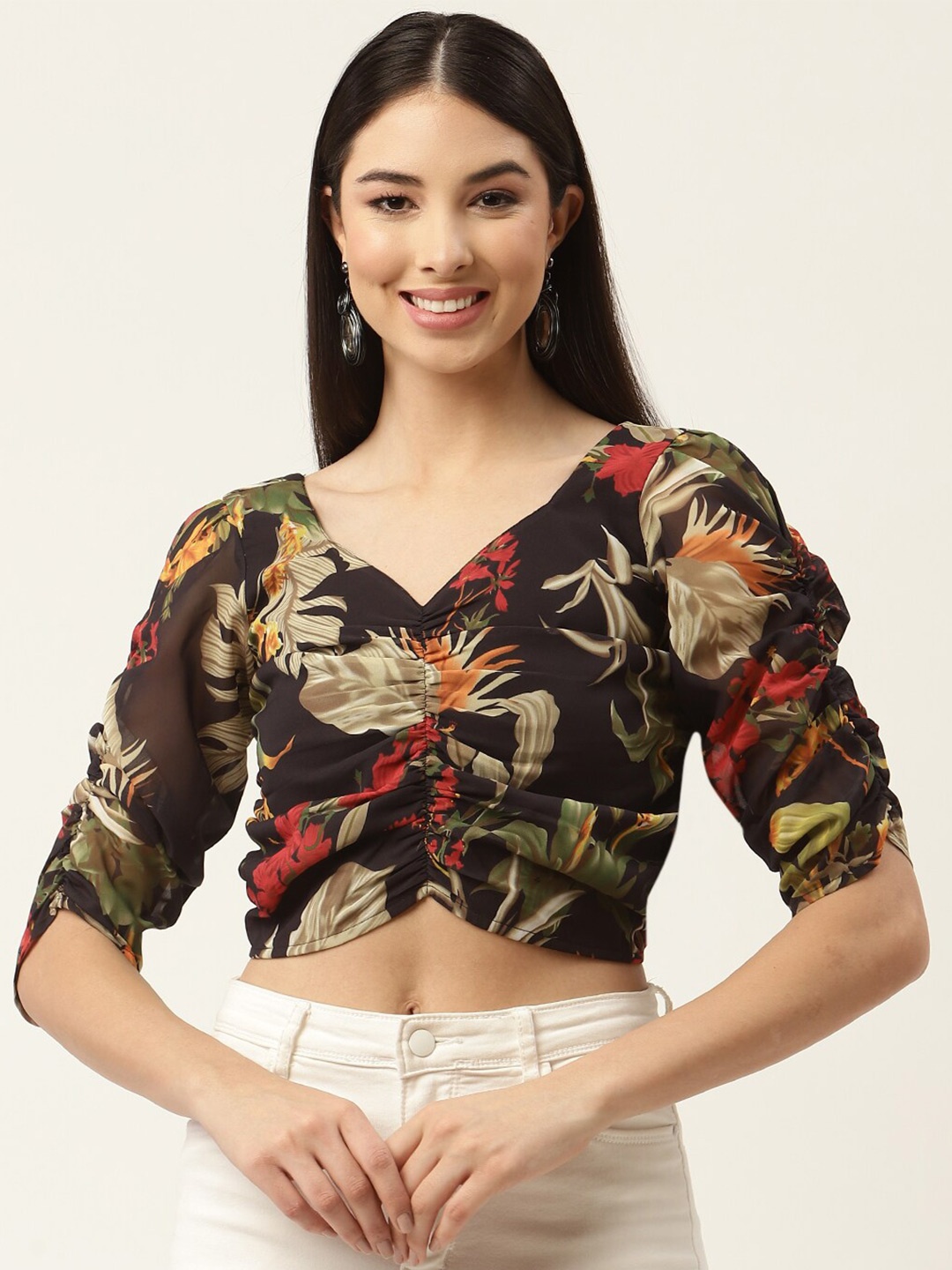 

Stylecast X KPOP Floral Print Puff Sleeve Georgette Crop Top, Black