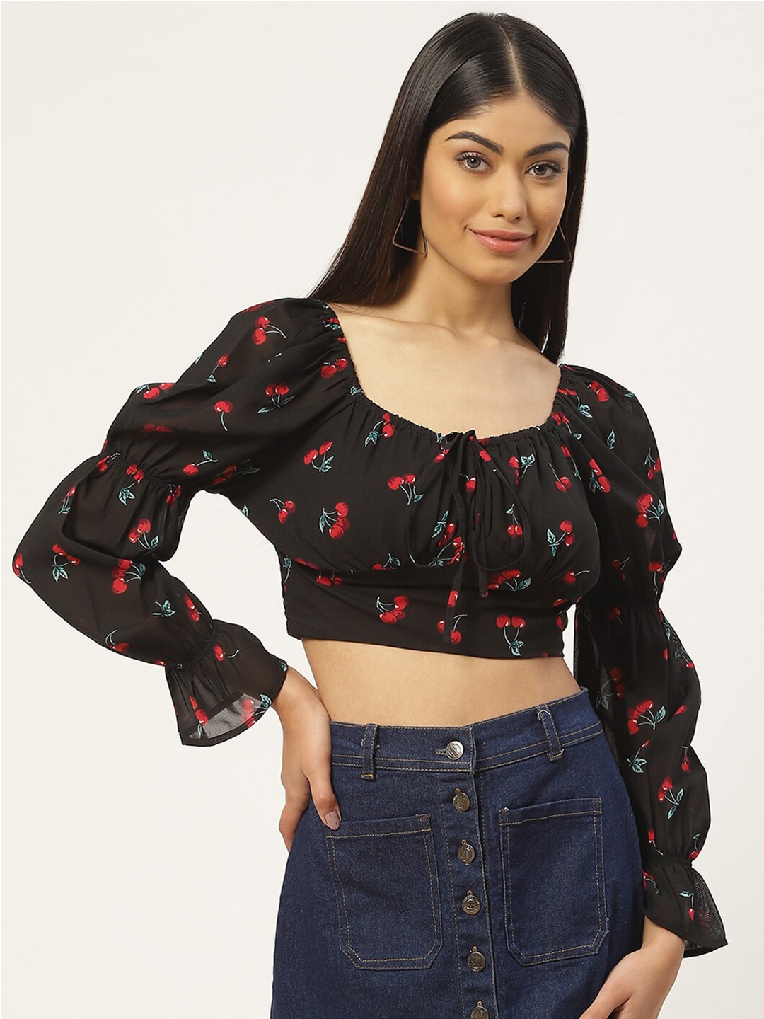 Stylecast X KPOP Conversational Printed Smocked Georgette Top, Black