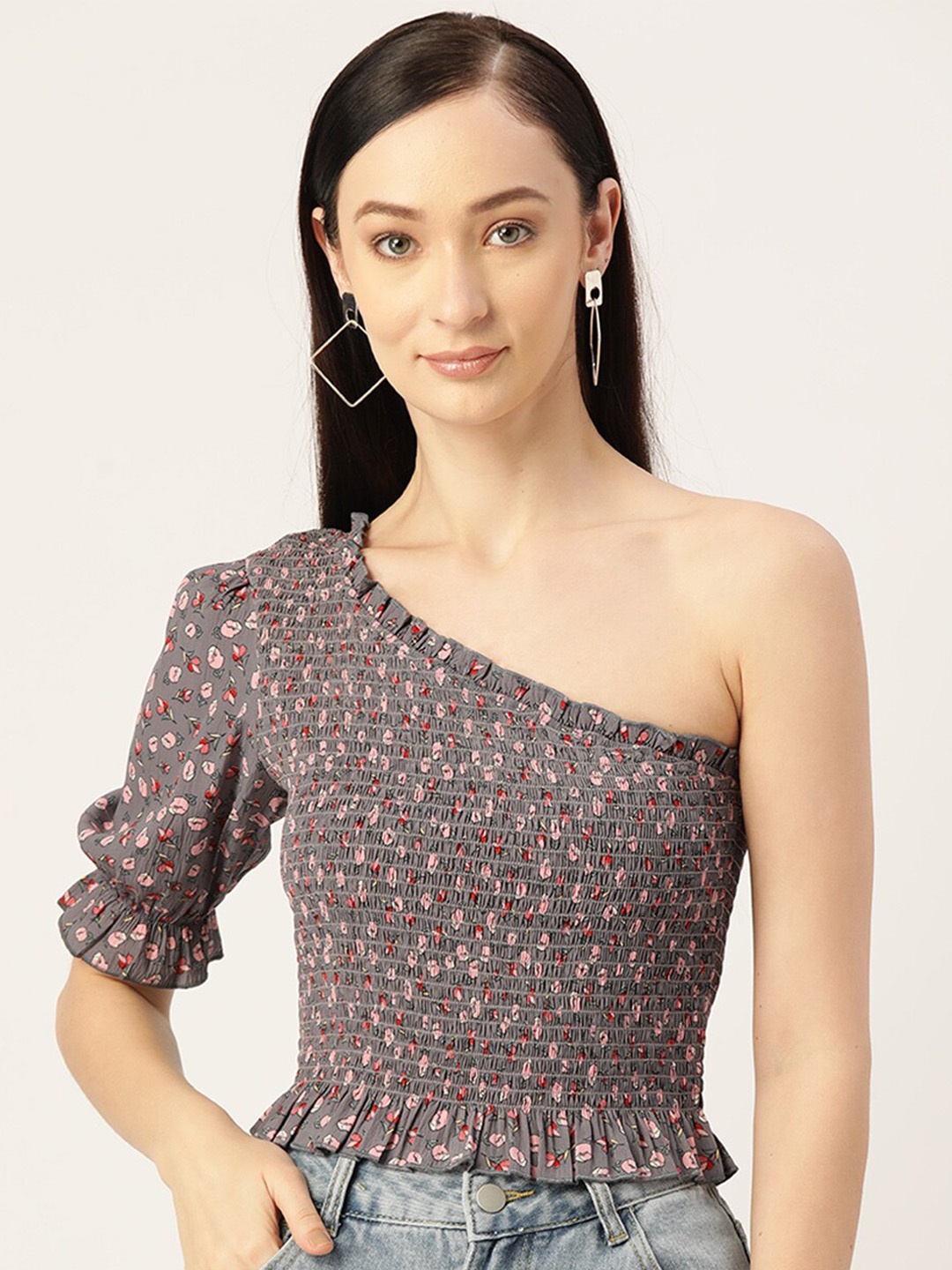 

Stylecast X KPOP Floral Printed One Shoulder Smocked Crepe Fitted Top, Grey